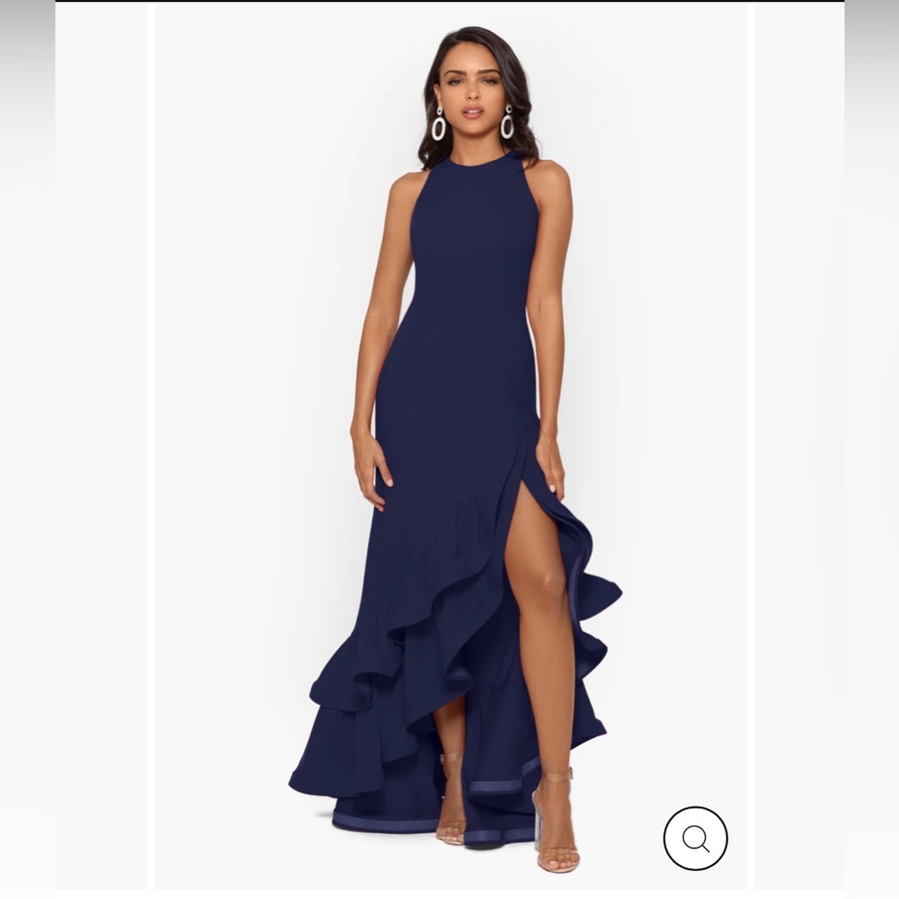 Betsy & Adam "ARIELLE" SCUBA CREPE RUFFLE SLIT GOWN